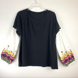 Sweater Cotton Embroidered Sleeves Black 2X